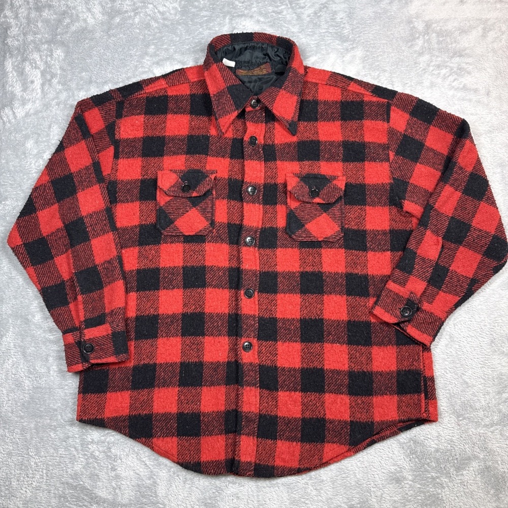 Vintage‎ Kmart Flannel Shirt Men XL Red Black Buffalo Dagger Collar Distressed